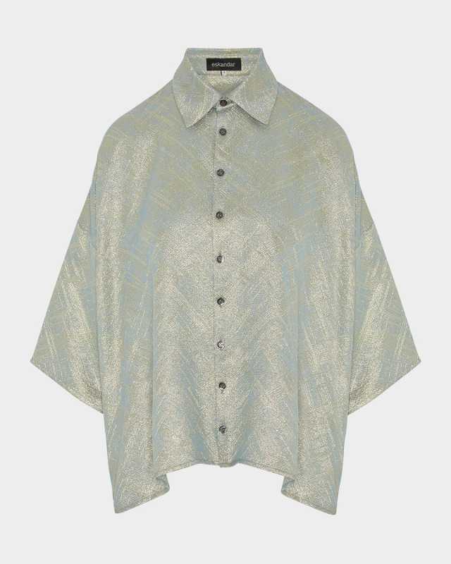Sloped-Shoulder Wide A-Line Short-Sleeve Shirt With Collar (Mid Length)